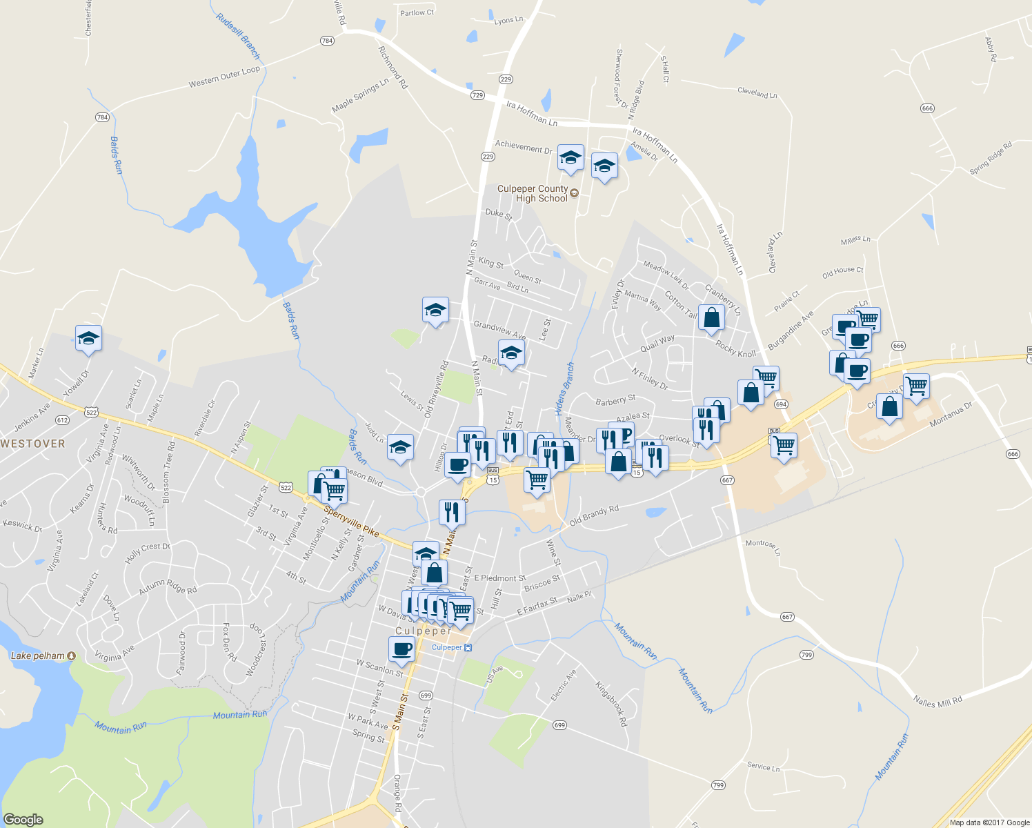 map of restaurants, bars, coffee shops, grocery stores, and more near 1012 Hendrick Street in Culpeper