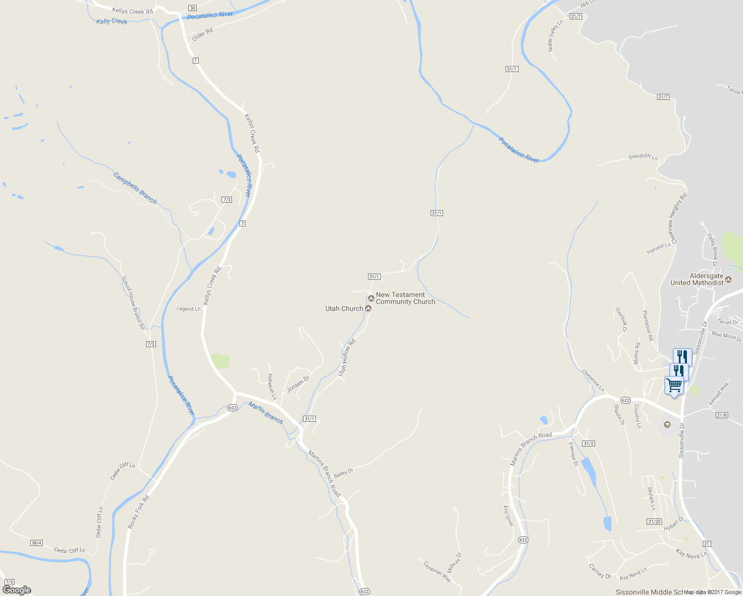 map of restaurants, bars, coffee shops, grocery stores, and more near Utah Hollow Road in Charleston