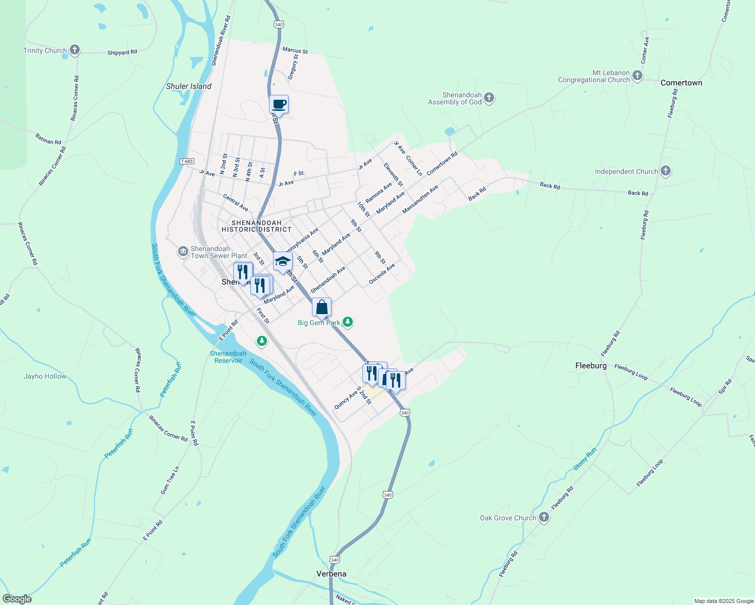 map of restaurants, bars, coffee shops, grocery stores, and more near 818 7th Street in Shenandoah