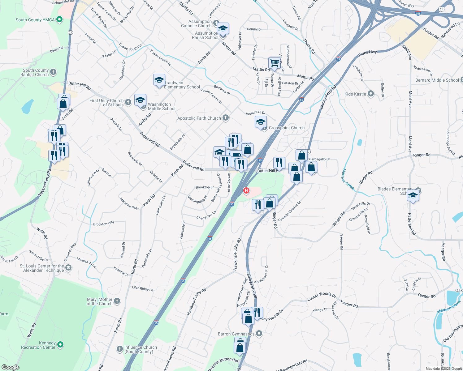 map of restaurants, bars, coffee shops, grocery stores, and more near 5252 Ozarkglen Drive in Saint Louis