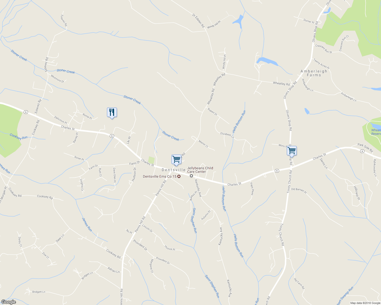 map of restaurants, bars, coffee shops, grocery stores, and more near 8320 Wheatley Road in La Plata