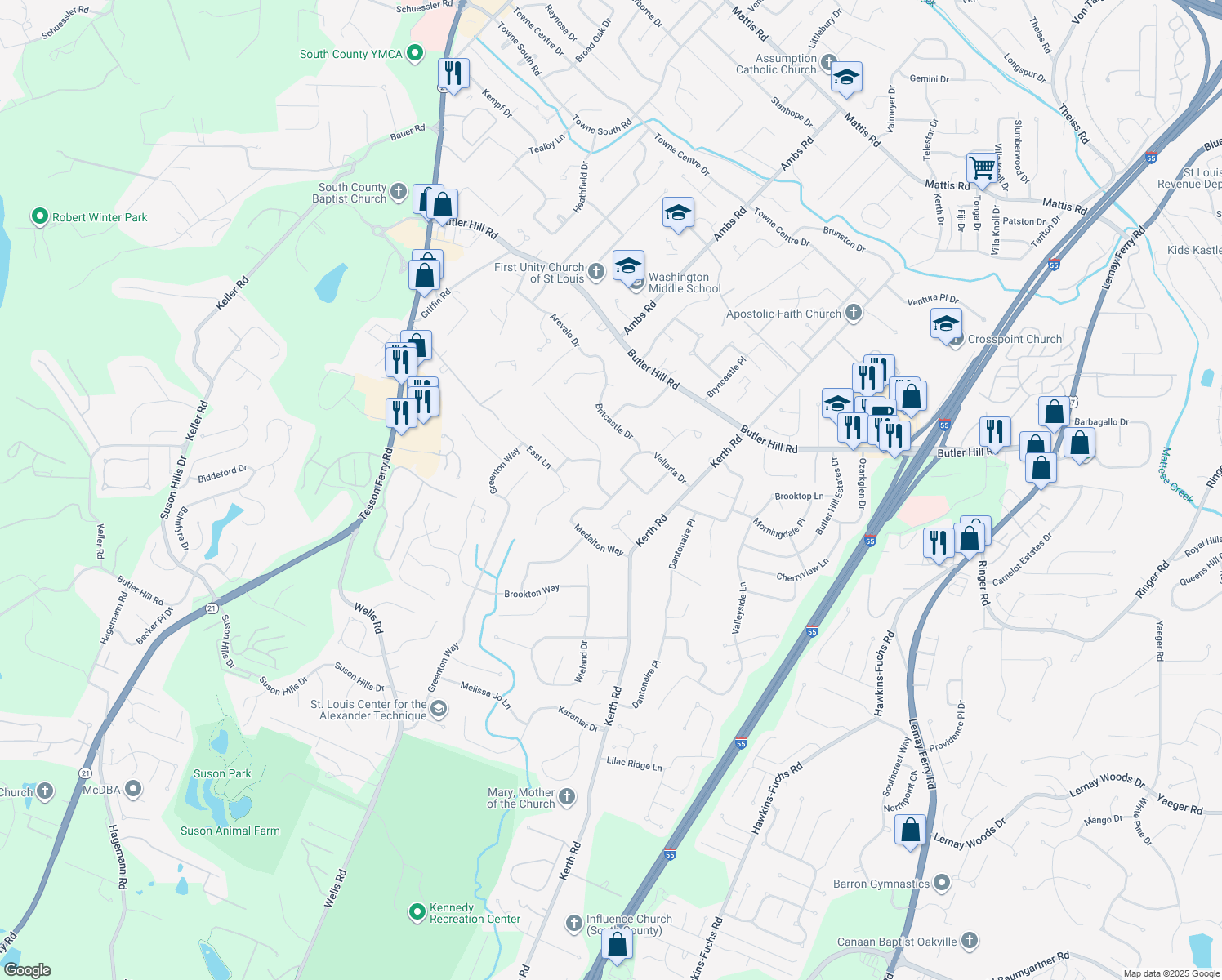 map of restaurants, bars, coffee shops, grocery stores, and more near 4503 Forest Valley Drive in St. Louis