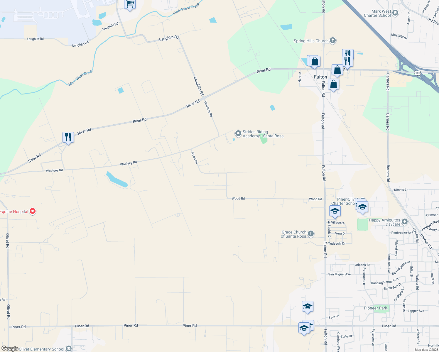 map of restaurants, bars, coffee shops, grocery stores, and more near 2170 Wood Road in Fulton