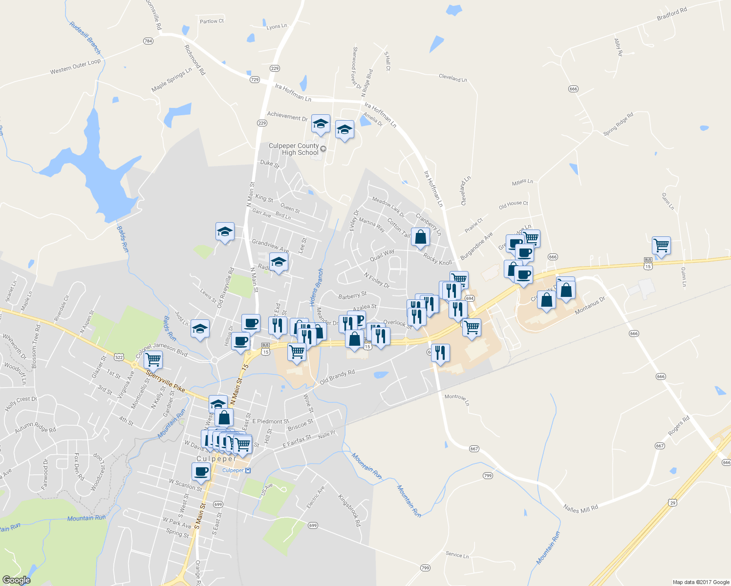 map of restaurants, bars, coffee shops, grocery stores, and more near 501 Barberry Street in Culpeper