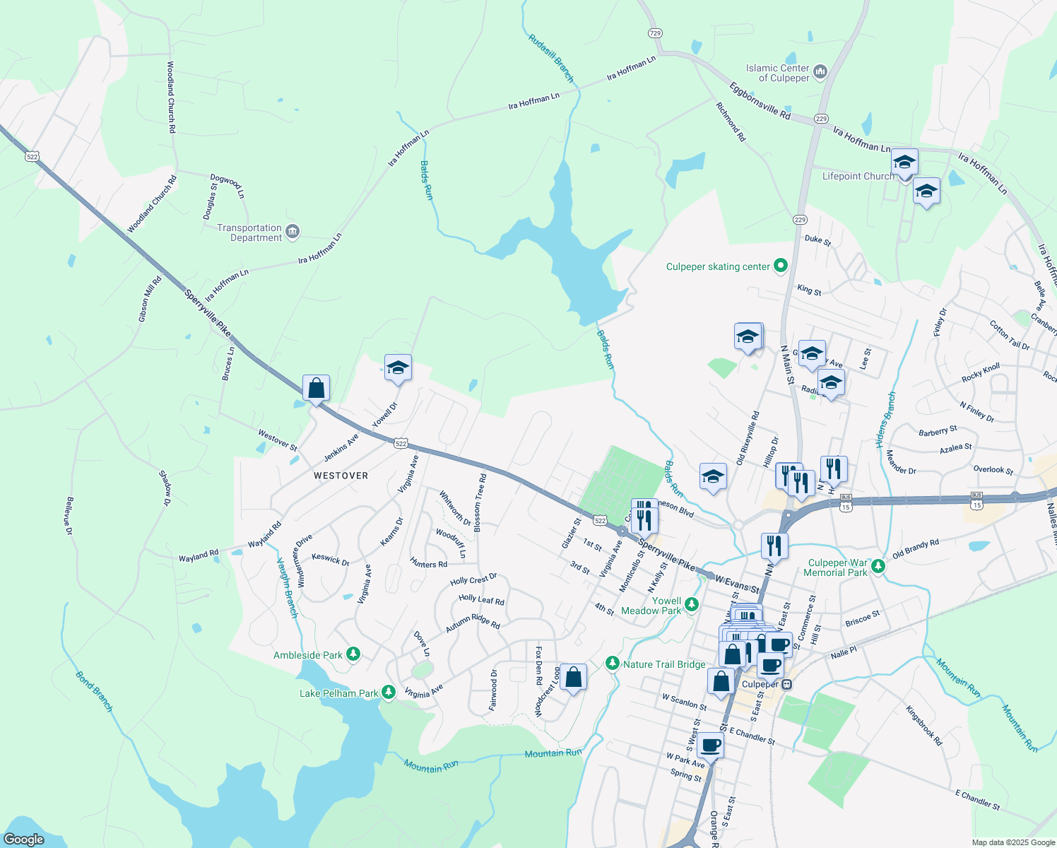 map of restaurants, bars, coffee shops, grocery stores, and more near 966 Riverdale Circle in Culpeper