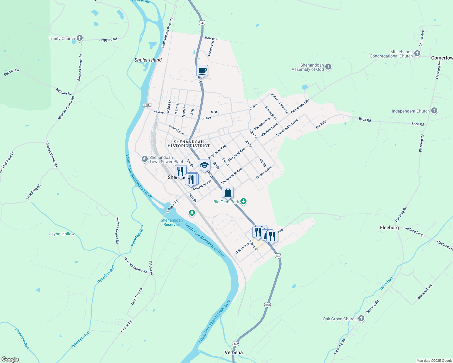 map of restaurants, bars, coffee shops, grocery stores, and more near 701 5th Street in Shenandoah