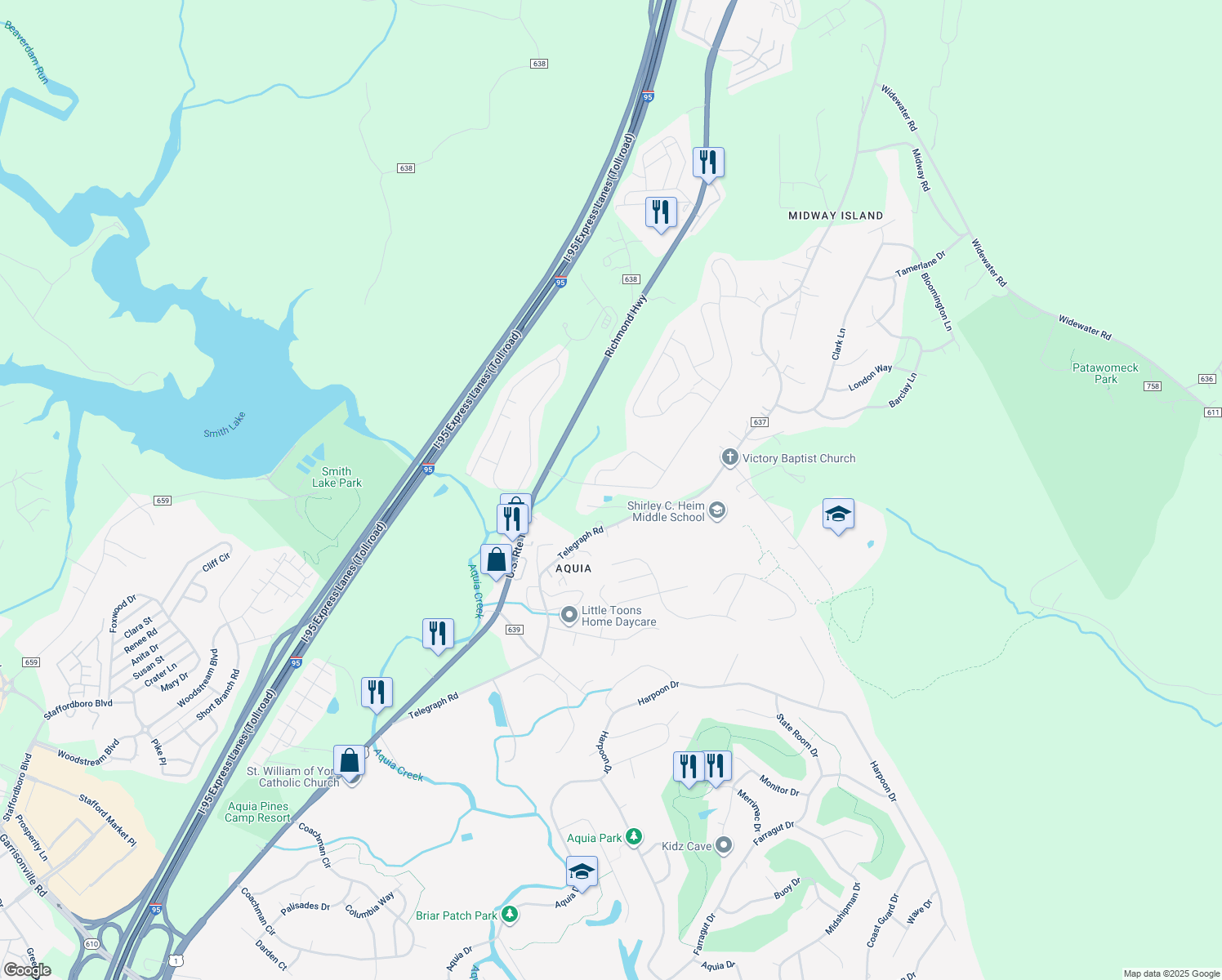 map of restaurants, bars, coffee shops, grocery stores, and more near 46 Acadia Street in Stafford