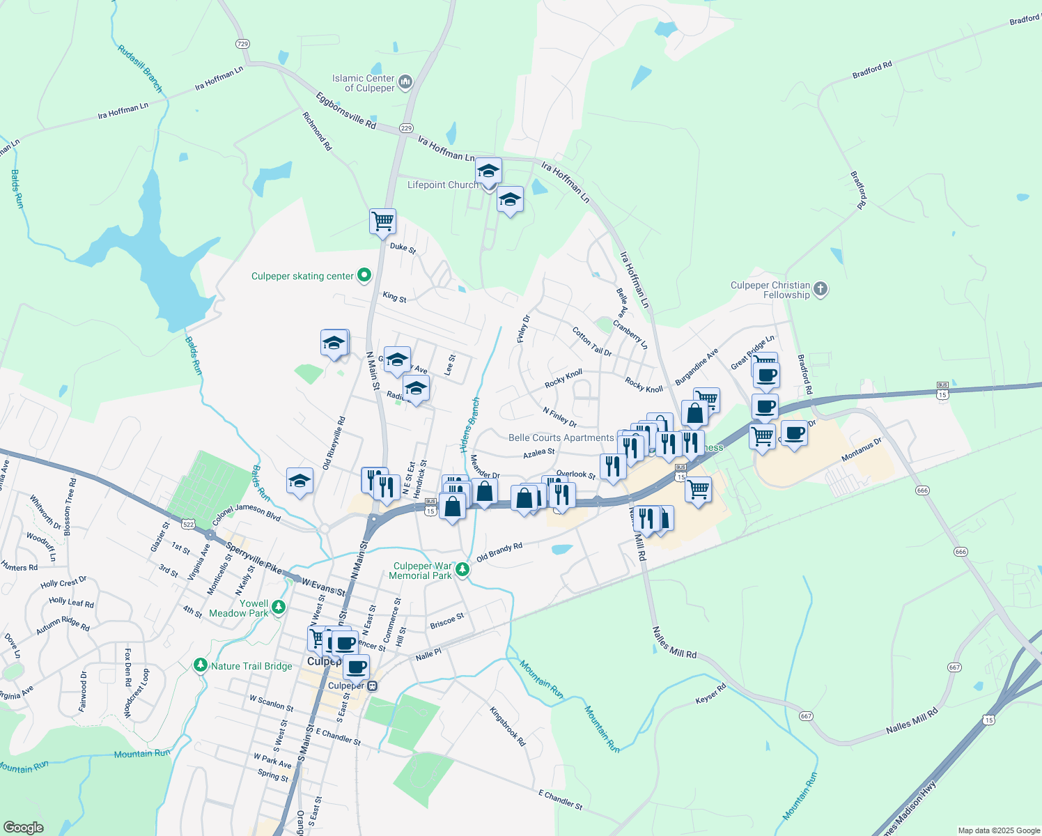 map of restaurants, bars, coffee shops, grocery stores, and more near 668 Rocky Knoll Arch in Culpeper