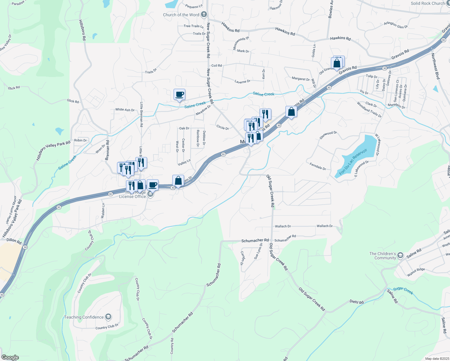 map of restaurants, bars, coffee shops, grocery stores, and more near 4251 Del Ridge Drive in High Ridge