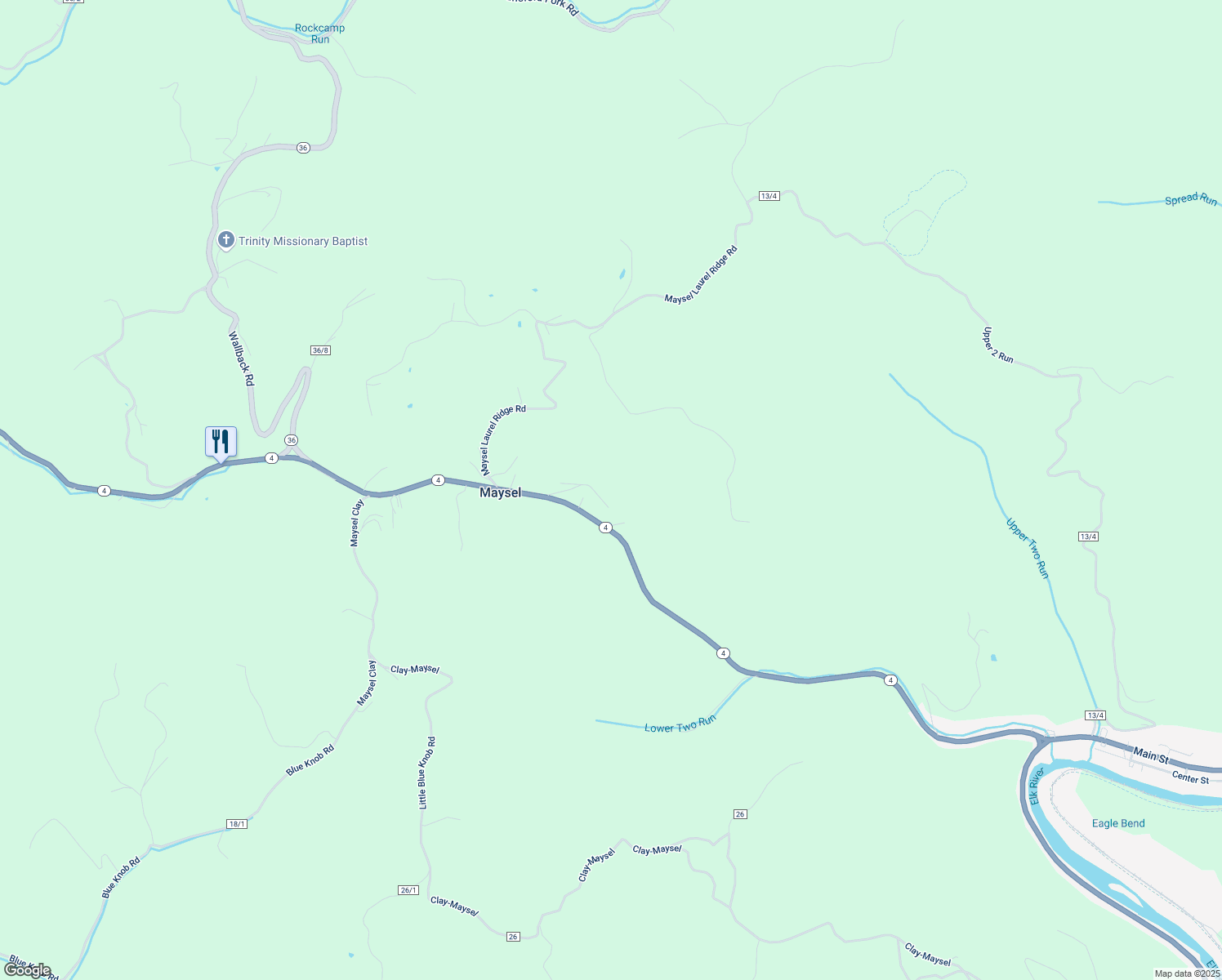 map of restaurants, bars, coffee shops, grocery stores, and more near Poker Bill Lane in Maysel