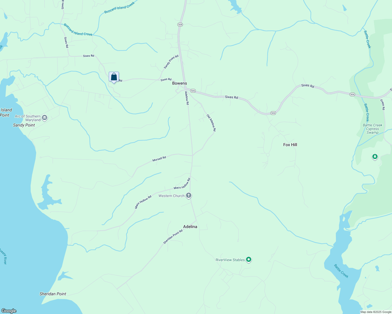 map of restaurants, bars, coffee shops, grocery stores, and more near 1940 Adelina Road in Prince Frederick
