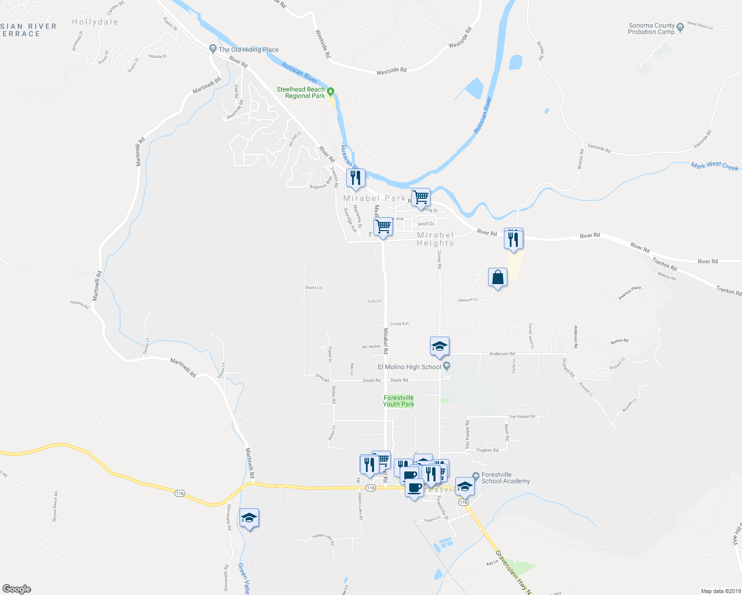 map of restaurants, bars, coffee shops, grocery stores, and more near 7766 Mirabel Road in Forestville