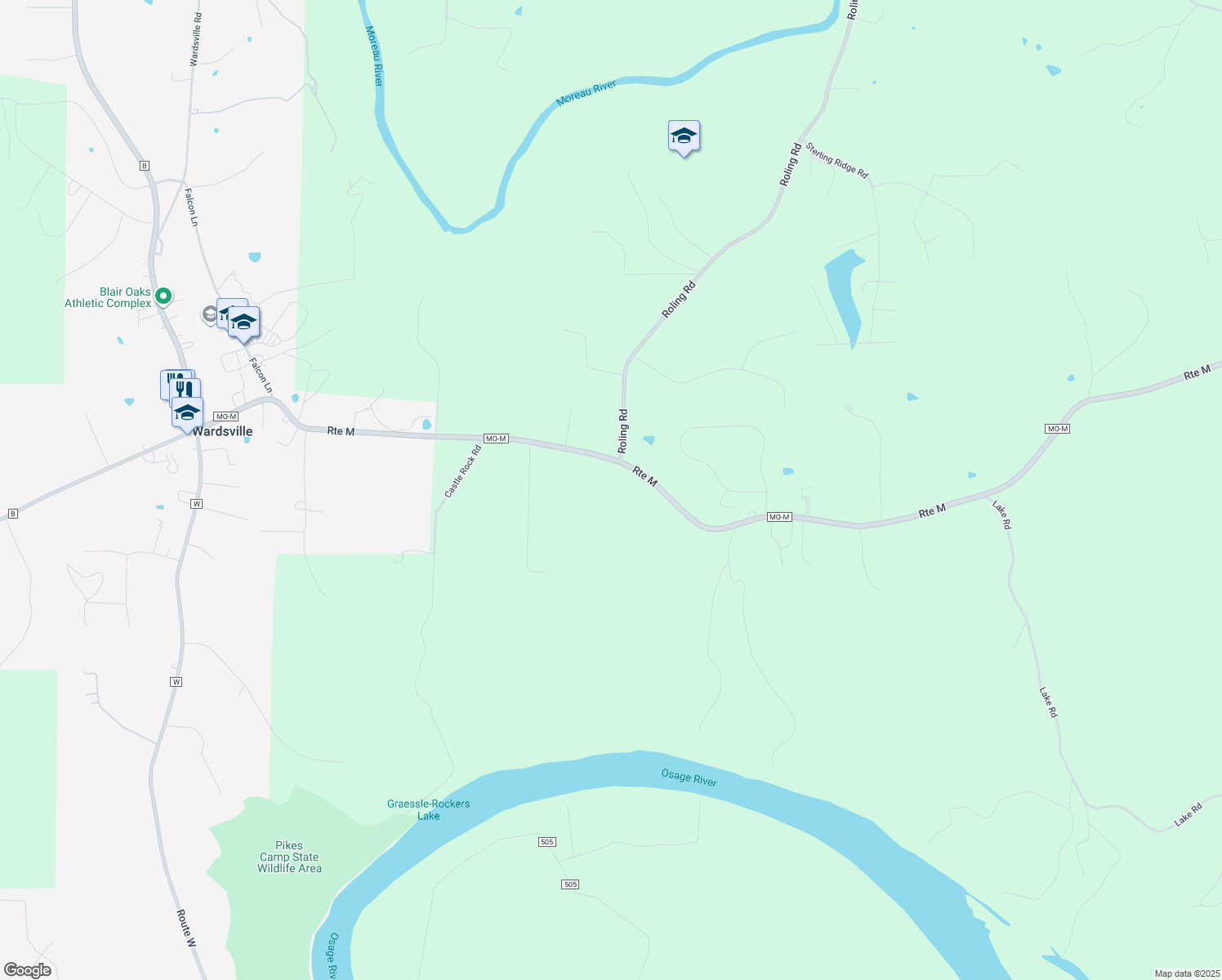 map of restaurants, bars, coffee shops, grocery stores, and more near 2928 Route M in Jefferson City