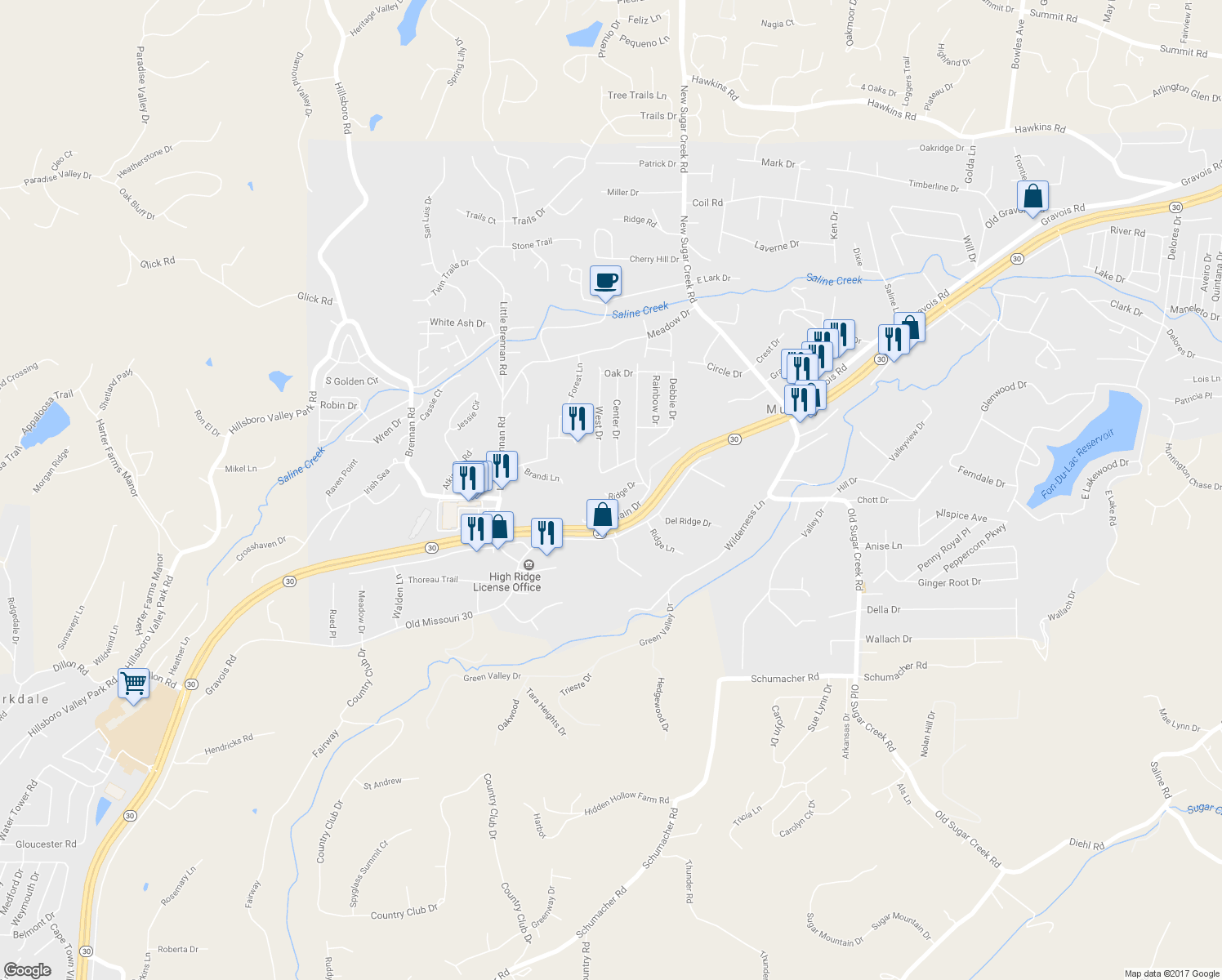 map of restaurants, bars, coffee shops, grocery stores, and more near 4417 Ridge Drive in High Ridge