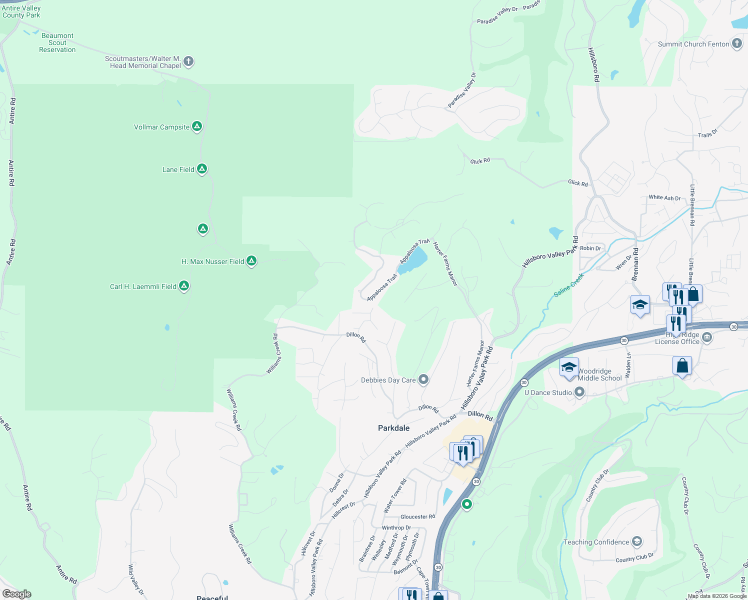 map of restaurants, bars, coffee shops, grocery stores, and more near 2226 Appaloosa Trail in High Ridge