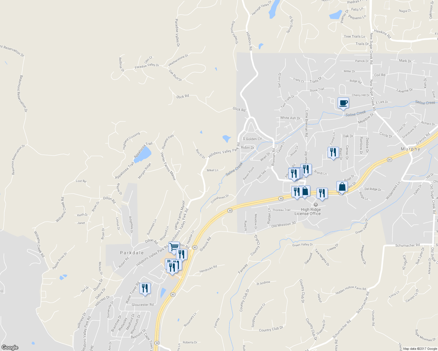 map of restaurants, bars, coffee shops, grocery stores, and more near 5030 Mikel Lane in High Ridge