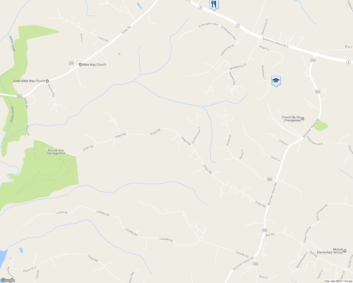 map of restaurants, bars, coffee shops, grocery stores, and more near 1770 Grays Road in Prince Frederick