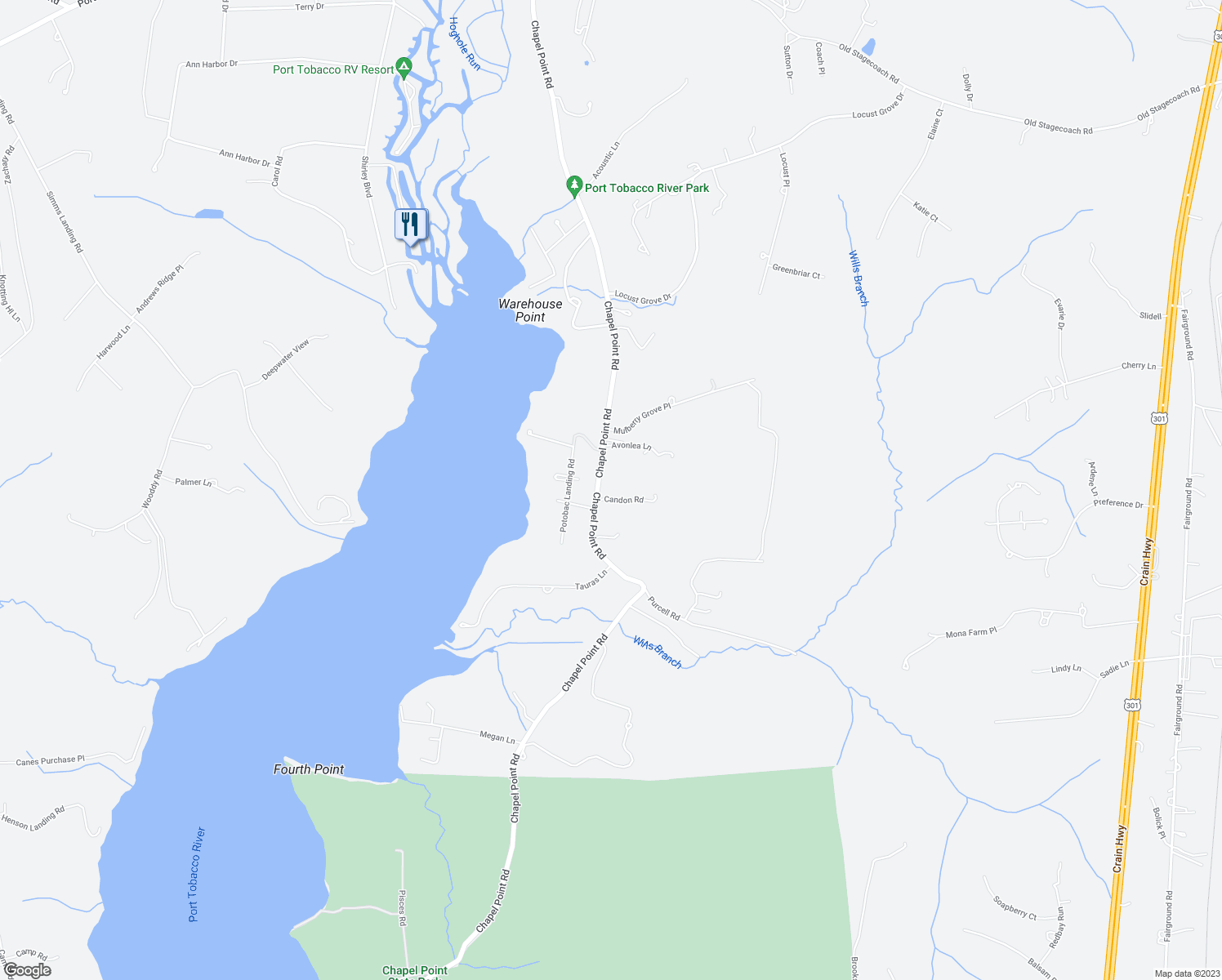 map of restaurants, bars, coffee shops, grocery stores, and more near 8610 Candon Road in Port Tobacco