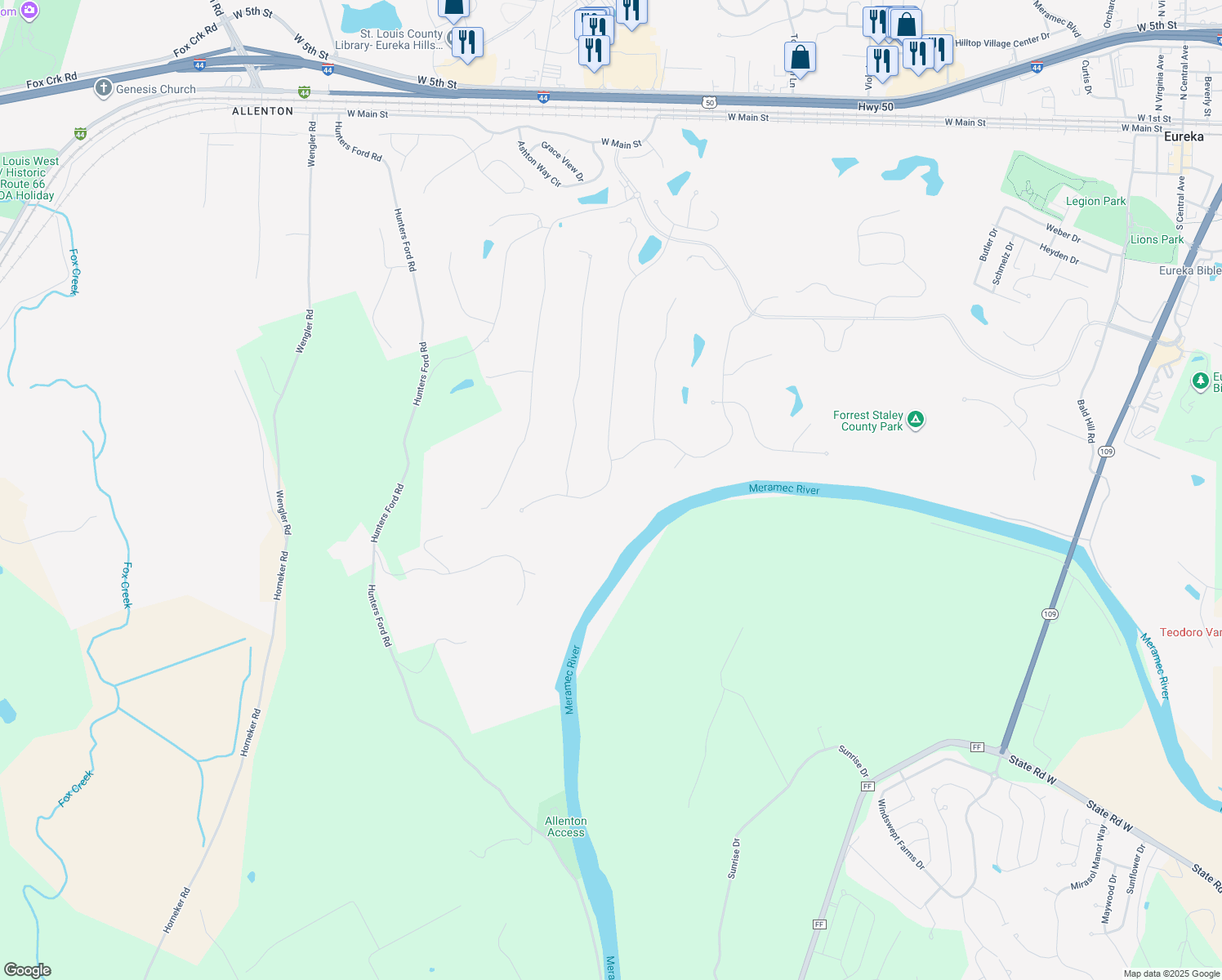 map of restaurants, bars, coffee shops, grocery stores, and more near 819 Legends View Drive in Eureka