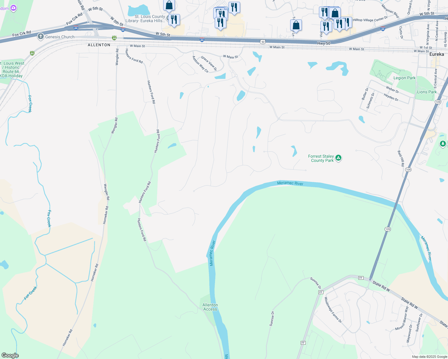 map of restaurants, bars, coffee shops, grocery stores, and more near 819 Legends View Drive in Eureka