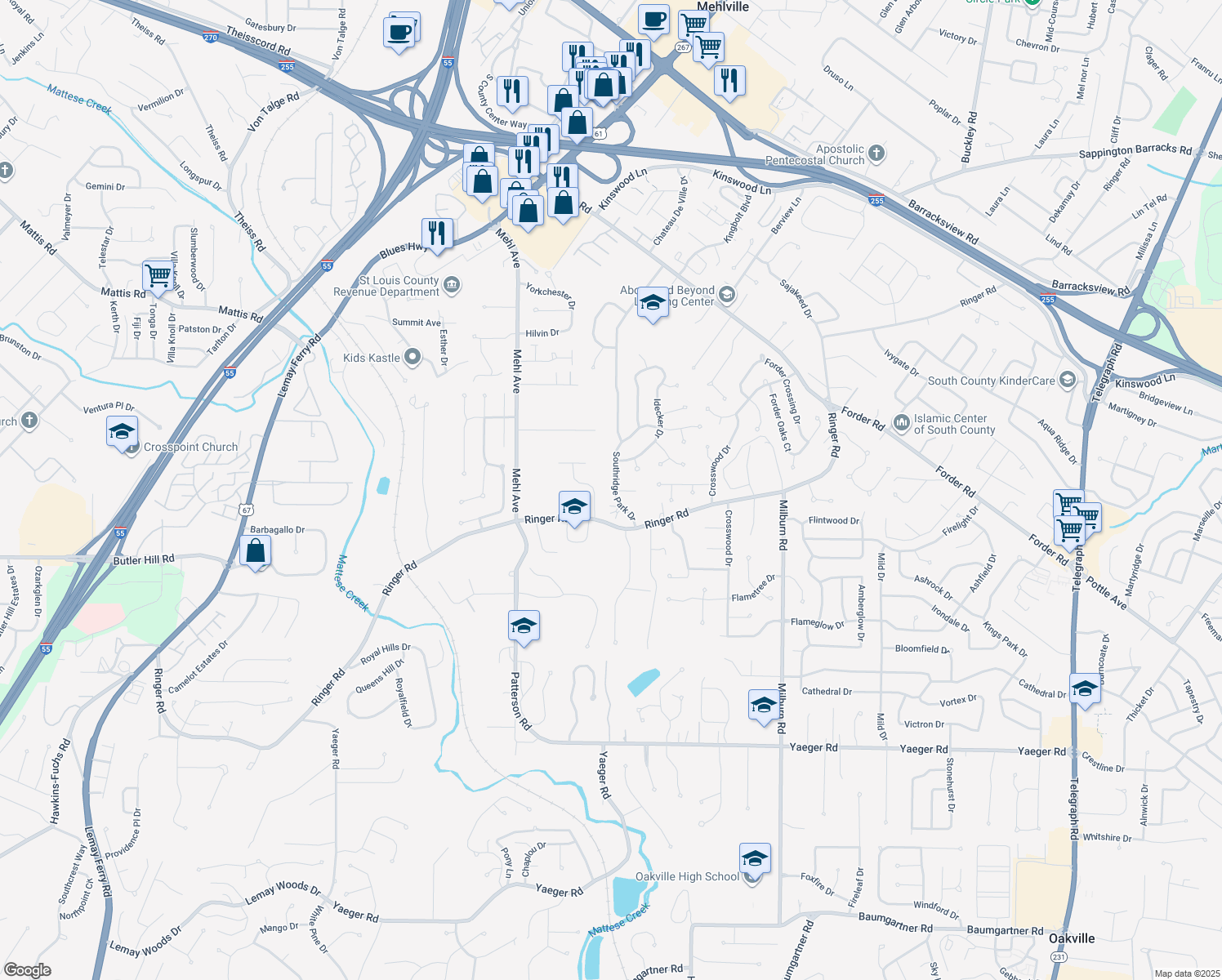 map of restaurants, bars, coffee shops, grocery stores, and more near 4971 Southridge Park Drive in St. Louis