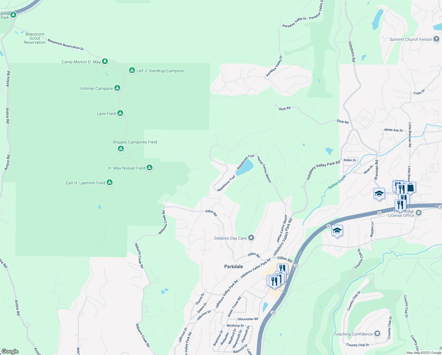 map of restaurants, bars, coffee shops, grocery stores, and more near 2300 Appaloosa Trail in High Ridge