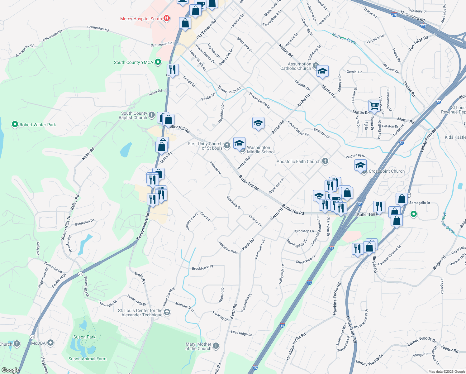 map of restaurants, bars, coffee shops, grocery stores, and more near 4695 Britcastle Drive in Saint Louis