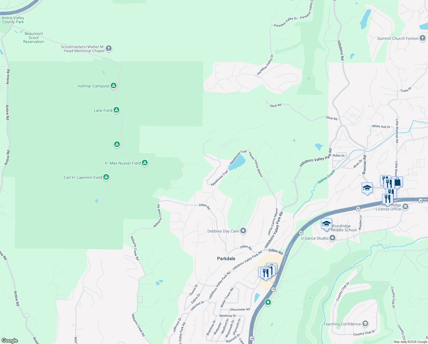 map of restaurants, bars, coffee shops, grocery stores, and more near 2300 Appaloosa Trail in High Ridge