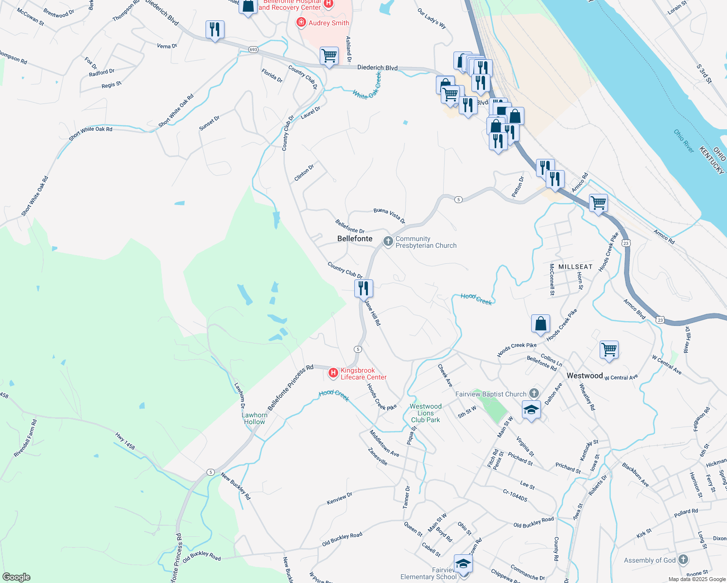 map of restaurants, bars, coffee shops, grocery stores, and more near 899 Bellefonte Princess Road in Westwood