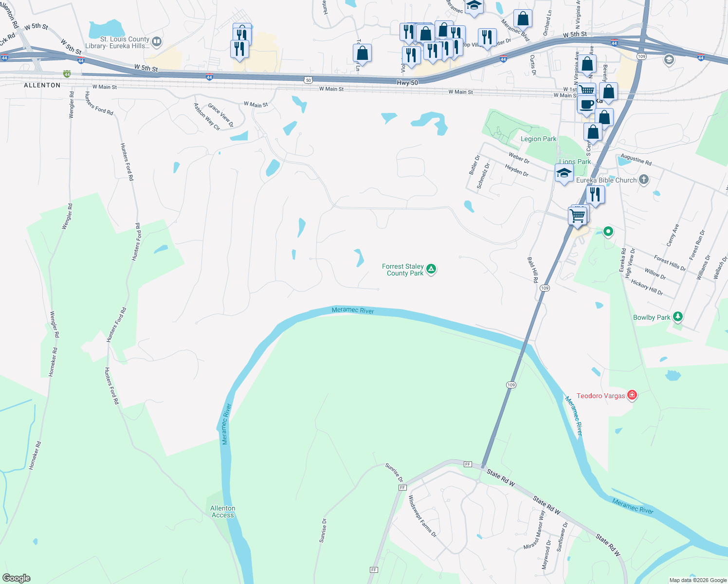 map of restaurants, bars, coffee shops, grocery stores, and more near 36 Upper Bluffs View Court in Eureka