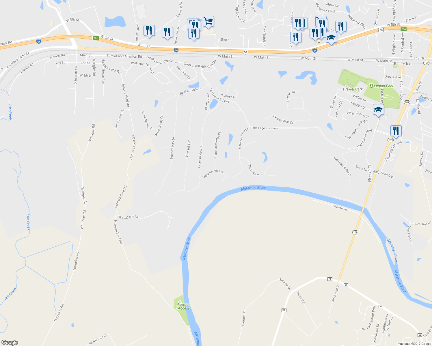 map of restaurants, bars, coffee shops, grocery stores, and more near 668 Meramec View Drive in Eureka