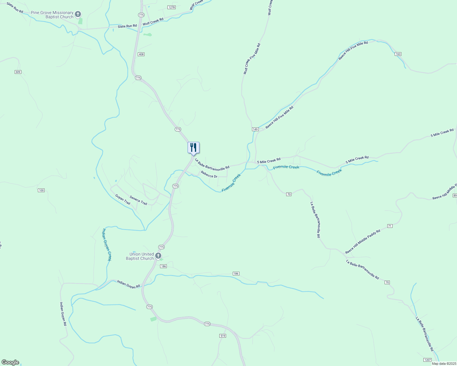 map of restaurants, bars, coffee shops, grocery stores, and more near 123 Township Road 340 in Proctorville