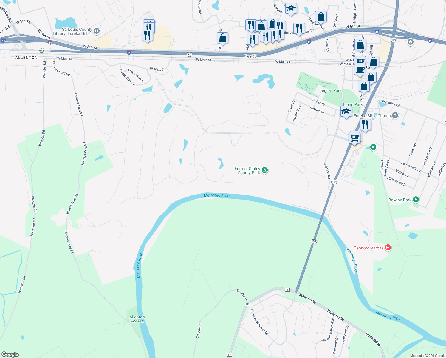 map of restaurants, bars, coffee shops, grocery stores, and more near 36 Upper Bluffs View Court in Eureka