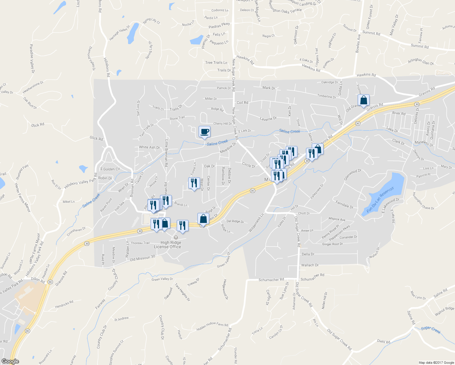 map of restaurants, bars, coffee shops, grocery stores, and more near 1829 Debbie Drive in High Ridge