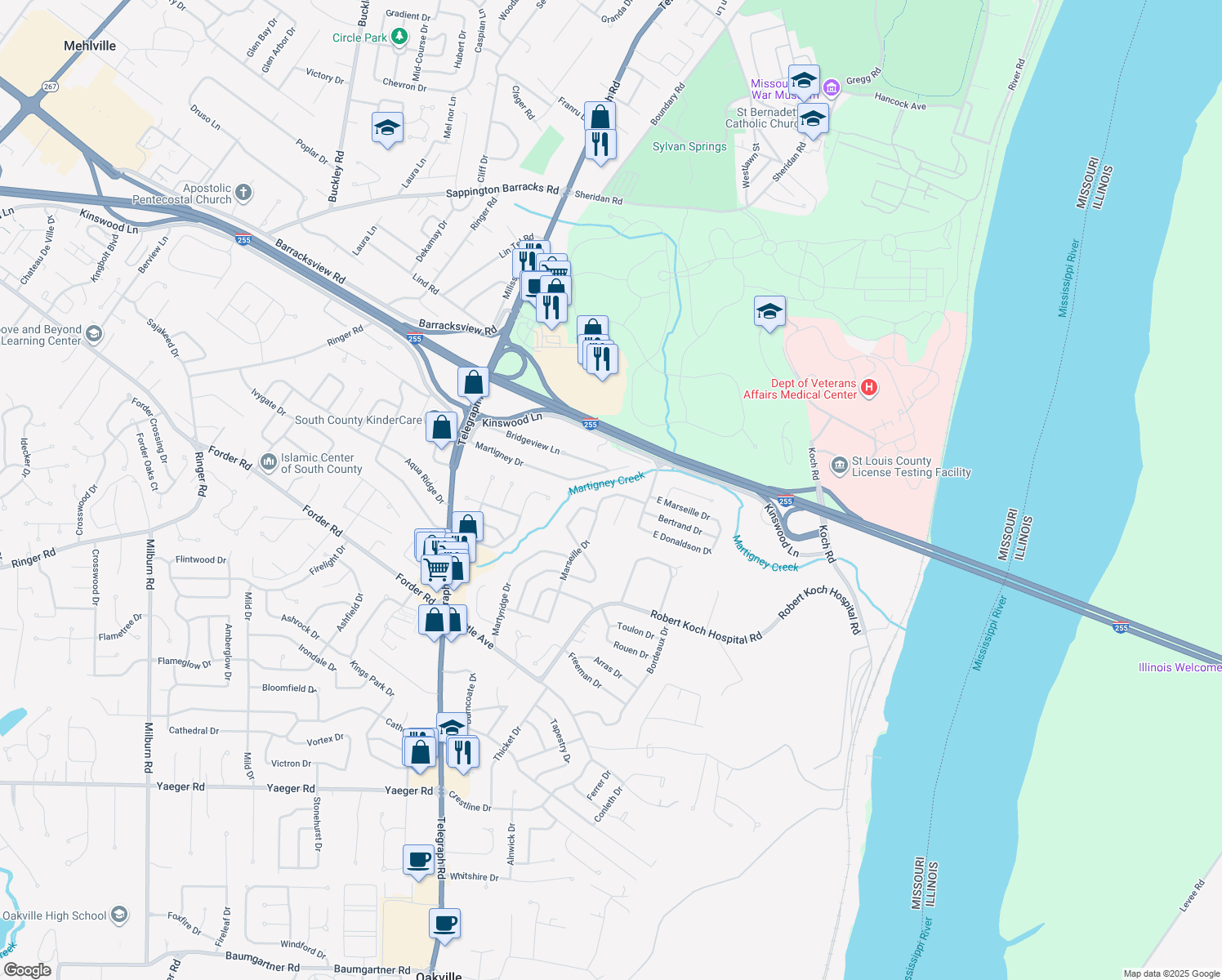 map of restaurants, bars, coffee shops, grocery stores, and more near 131 West Marseille Drive in Saint Louis