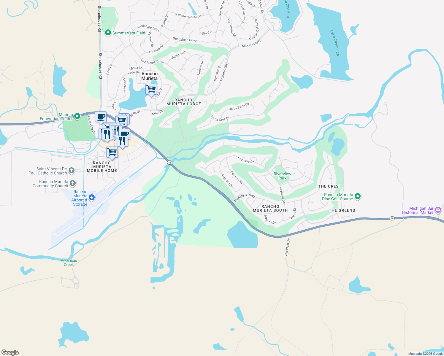 map of restaurants, bars, coffee shops, grocery stores, and more near 15108 Reynosa Drive in Rancho Murieta
