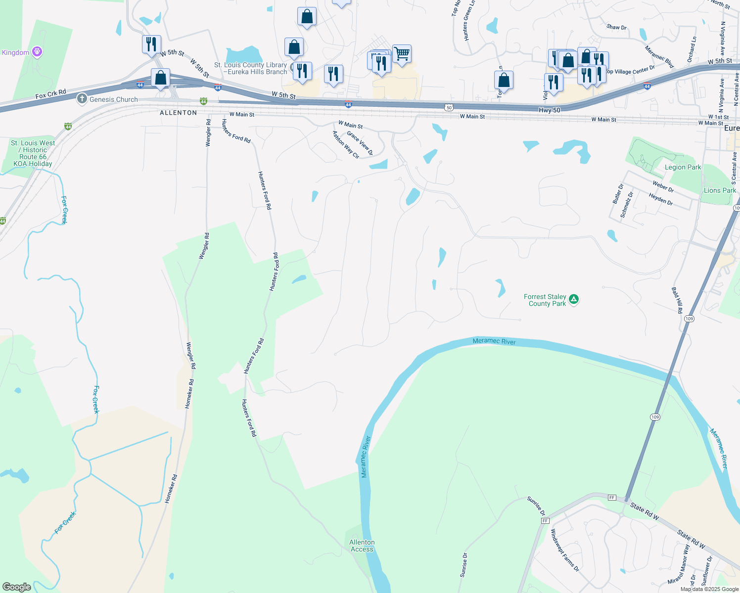 map of restaurants, bars, coffee shops, grocery stores, and more near 702 Vista Hills Court in Eureka