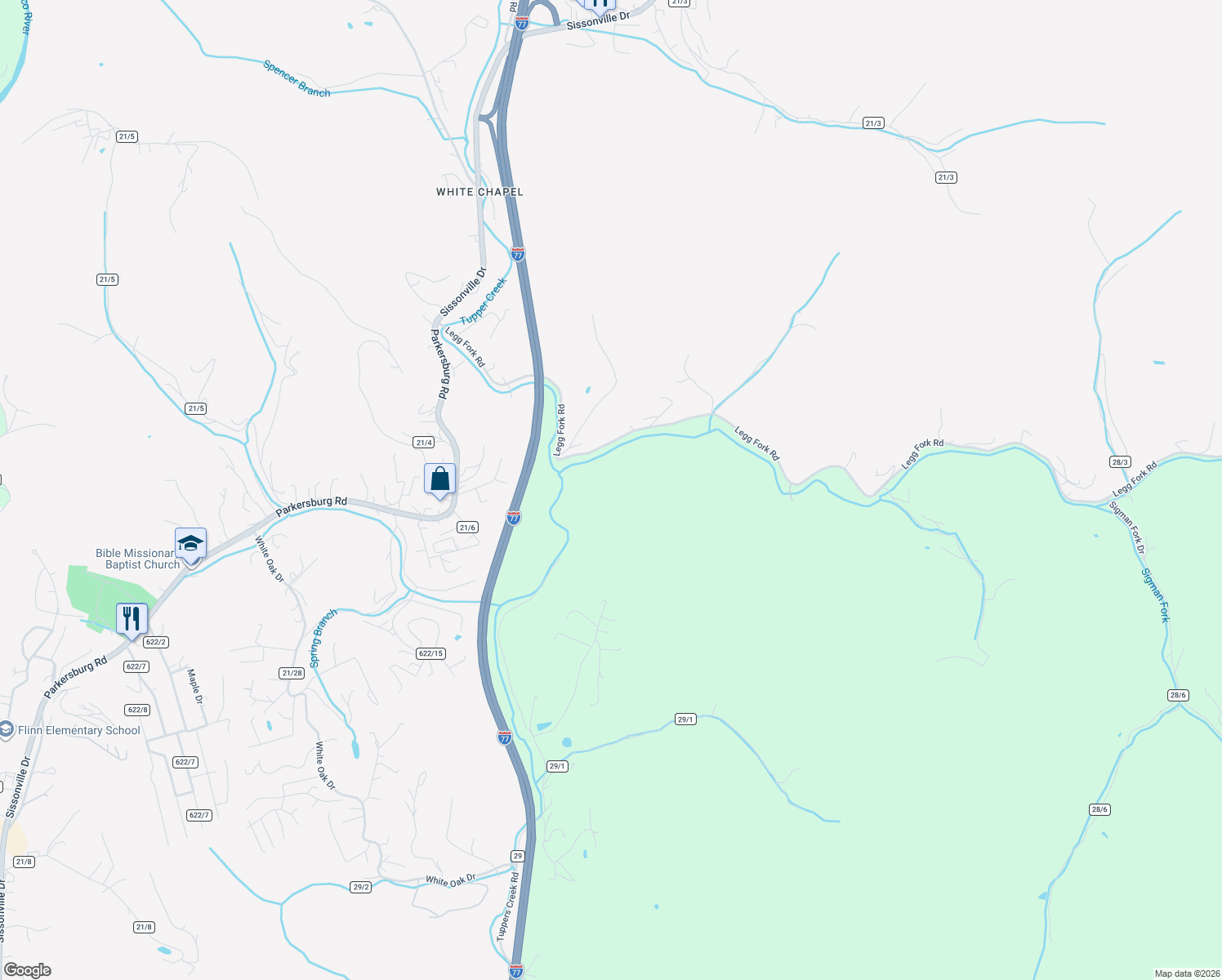 map of restaurants, bars, coffee shops, grocery stores, and more near 1900-3098 Legg Fork Road in Sissonville