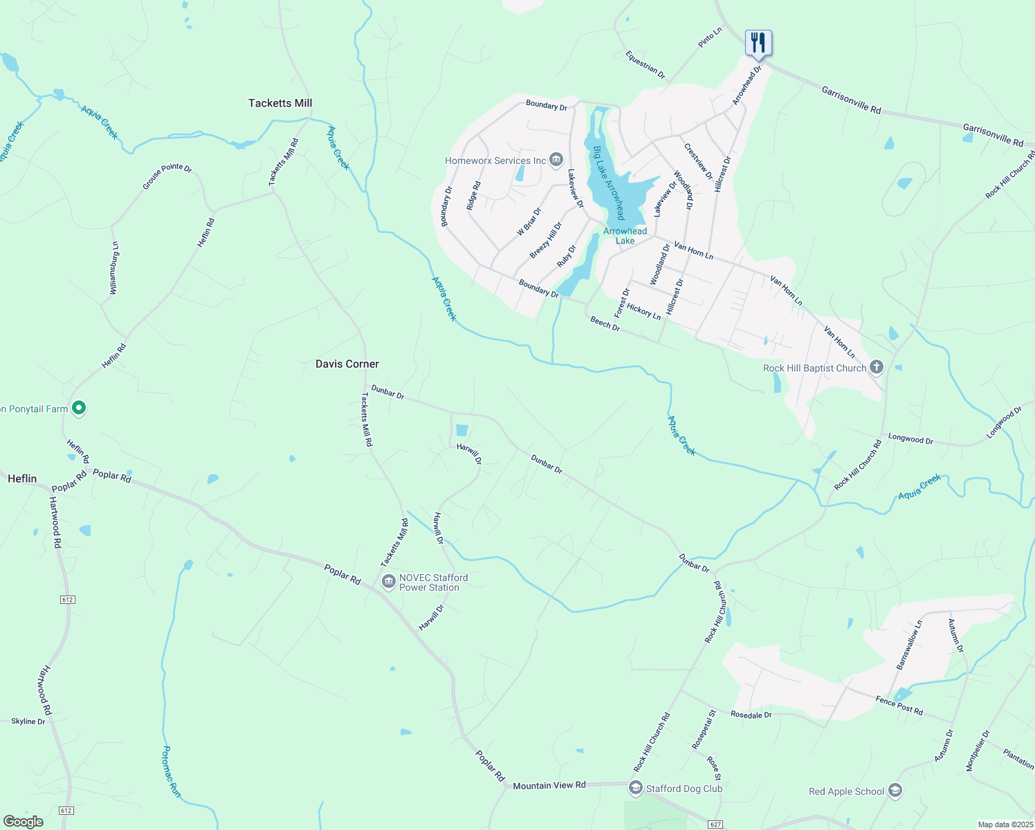map of restaurants, bars, coffee shops, grocery stores, and more near 45 Turnstone Court in Stafford