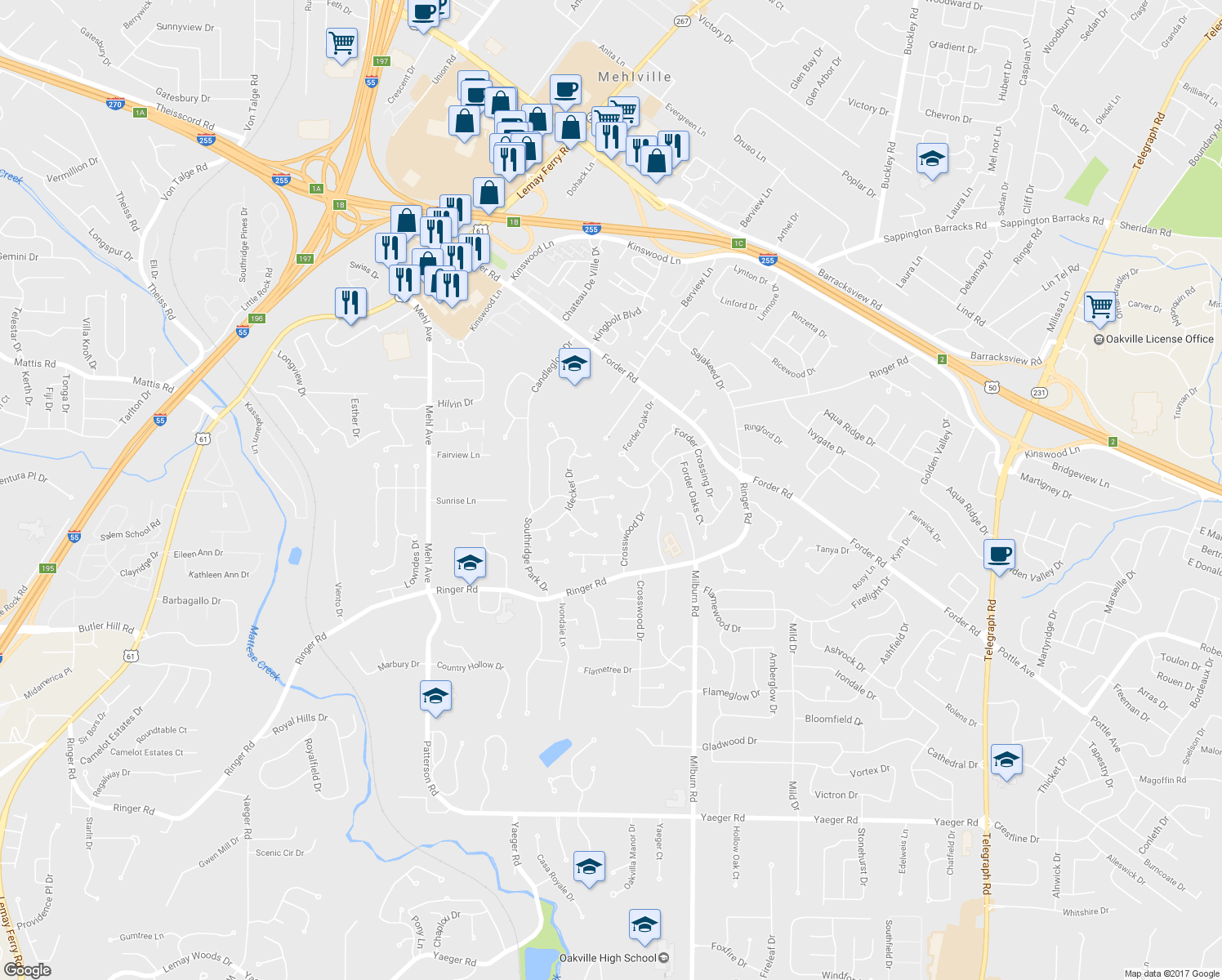map of restaurants, bars, coffee shops, grocery stores, and more near 4887 Southridge Park Drive in St. Louis