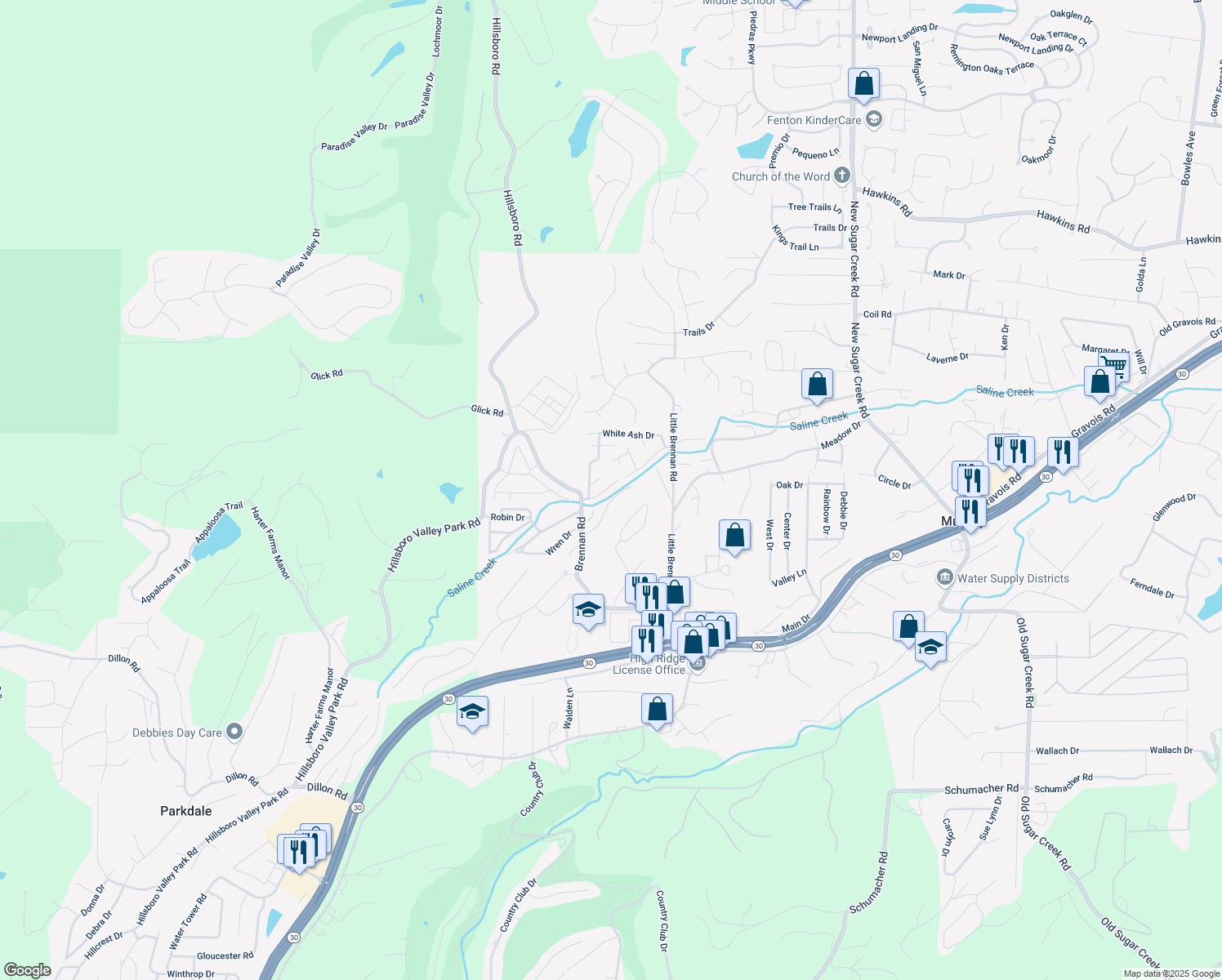 map of restaurants, bars, coffee shops, grocery stores, and more near 4678 Brennan Woods Dr in High Ridge