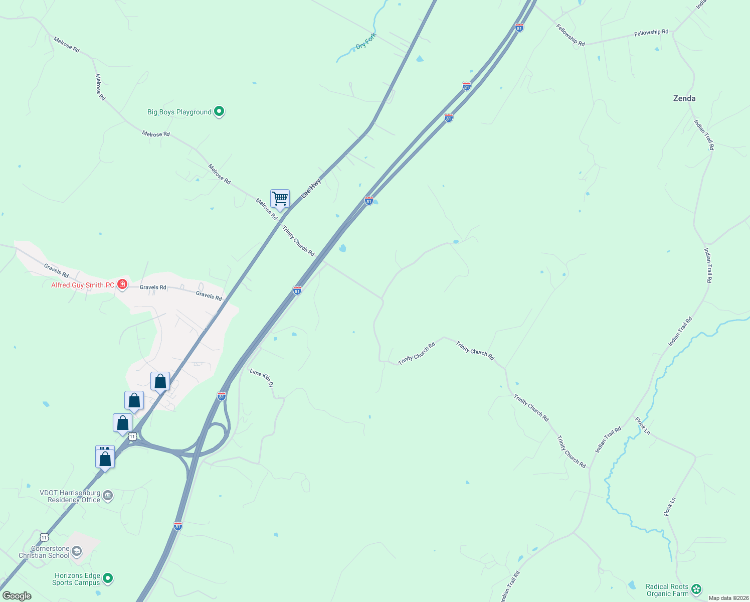 map of restaurants, bars, coffee shops, grocery stores, and more near 1068-1274 Trinity Church Road in Harrisonburg