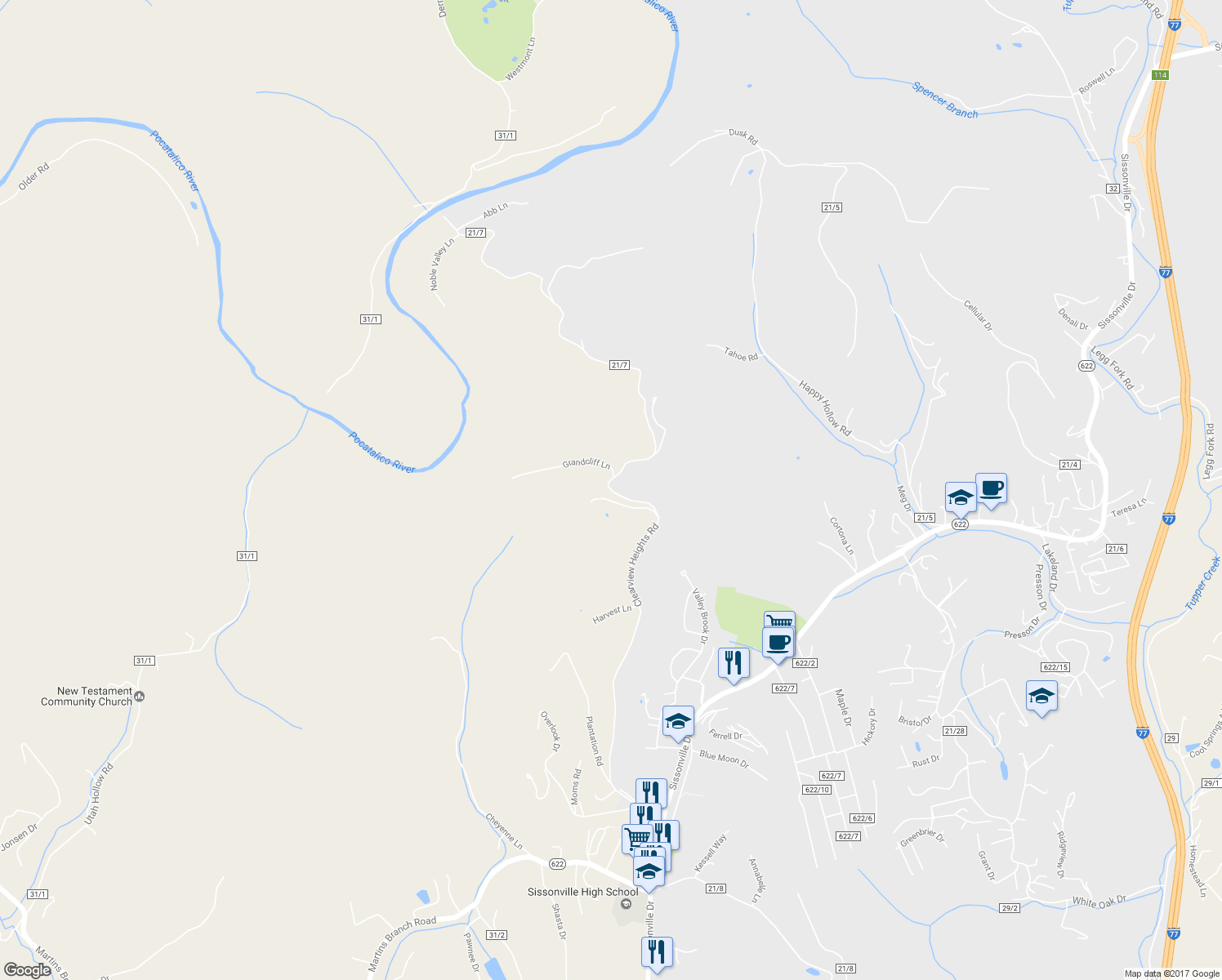 map of restaurants, bars, coffee shops, grocery stores, and more near 695 Clearview Heights Road in Charleston