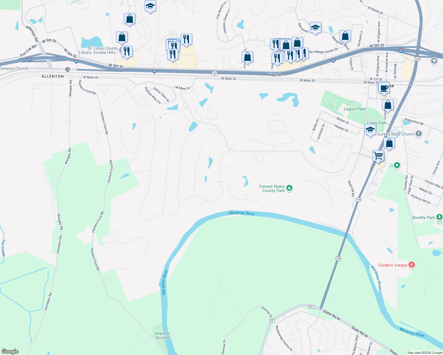 map of restaurants, bars, coffee shops, grocery stores, and more near 2 Meramec Bluffs Court in Eureka