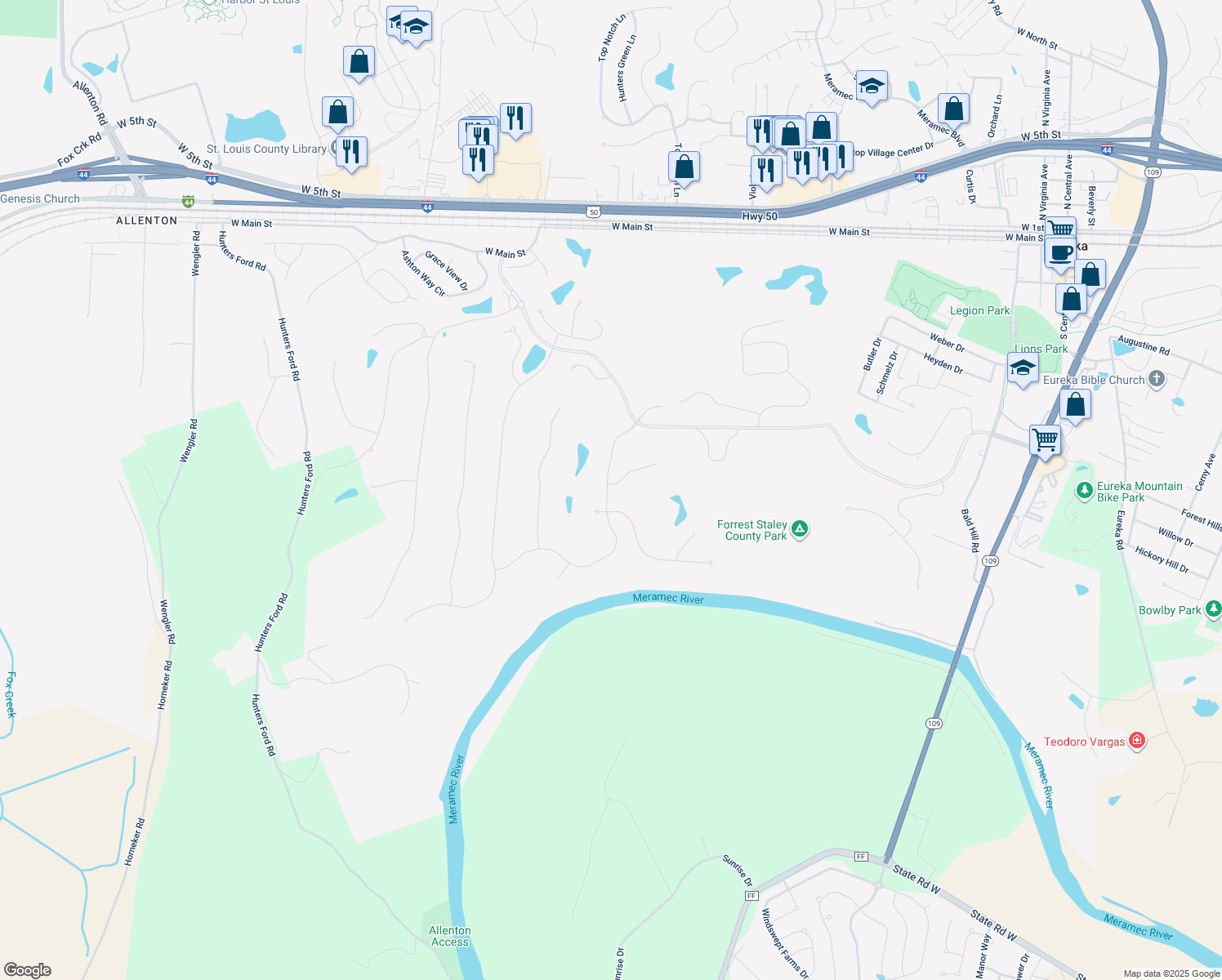 map of restaurants, bars, coffee shops, grocery stores, and more near 466 Meramec View Drive in Eureka