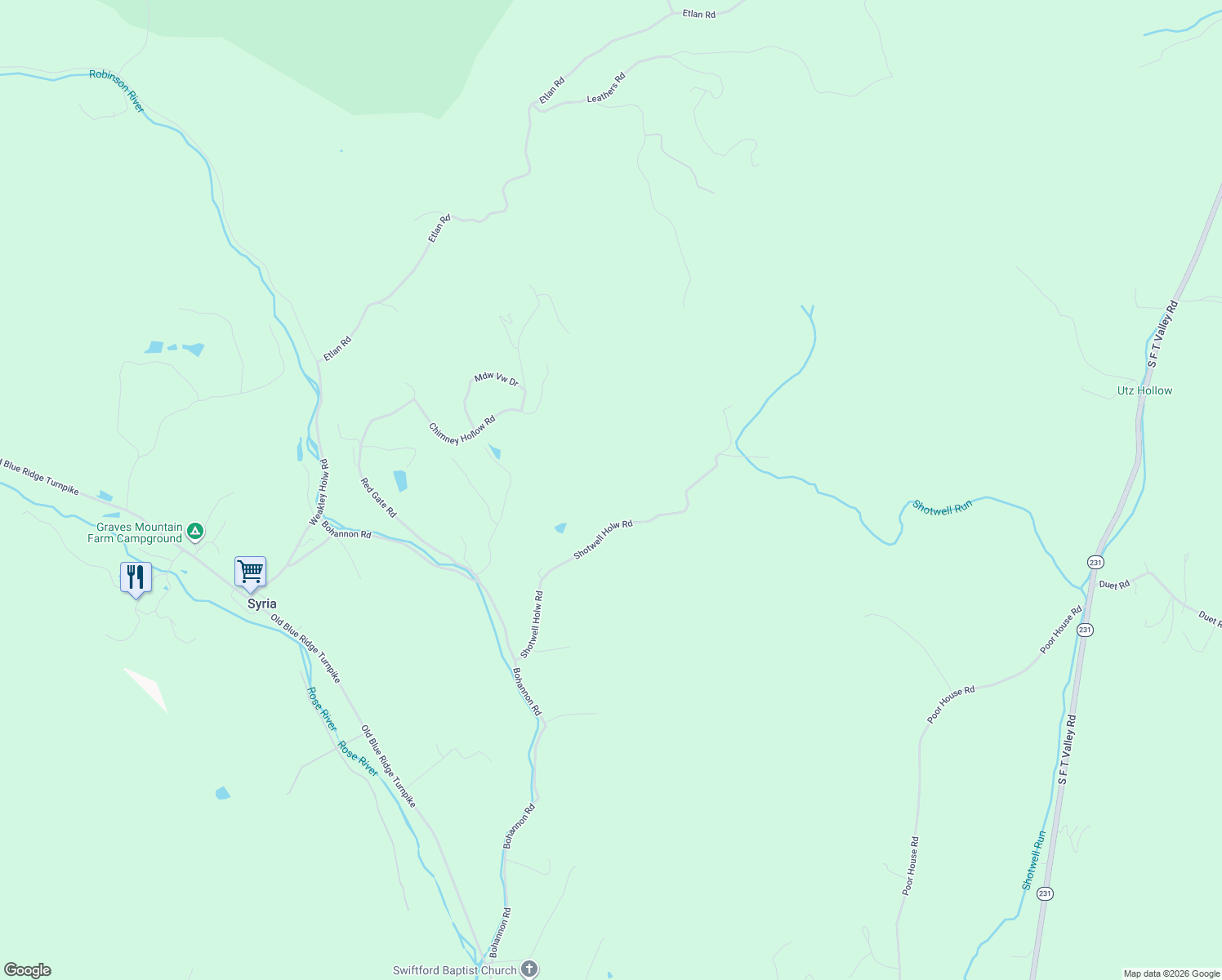 map of restaurants, bars, coffee shops, grocery stores, and more near 481 Shotwell Hollow Road in Syria