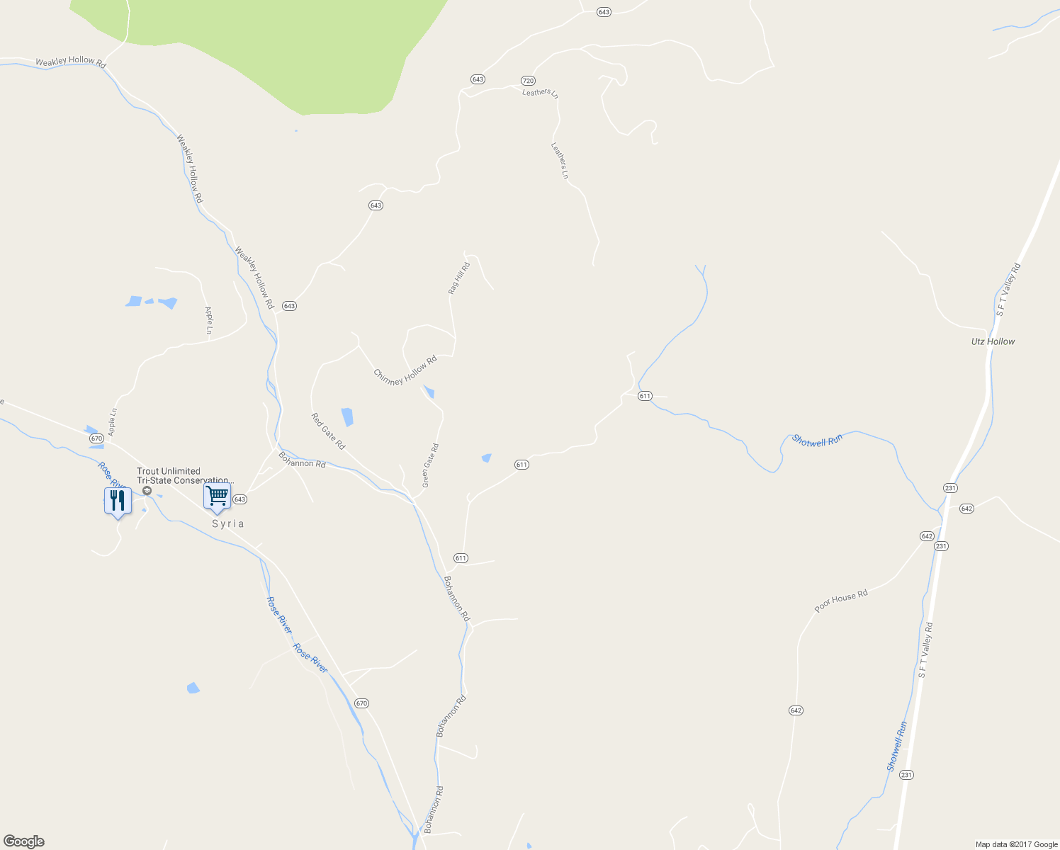 map of restaurants, bars, coffee shops, grocery stores, and more near 481 Shotwell Hollow Road in Syria