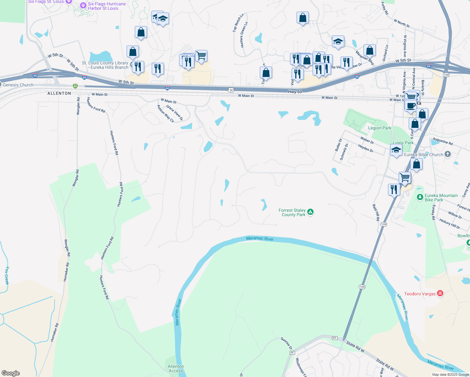 map of restaurants, bars, coffee shops, grocery stores, and more near 447 Meramec View Drive in Eureka