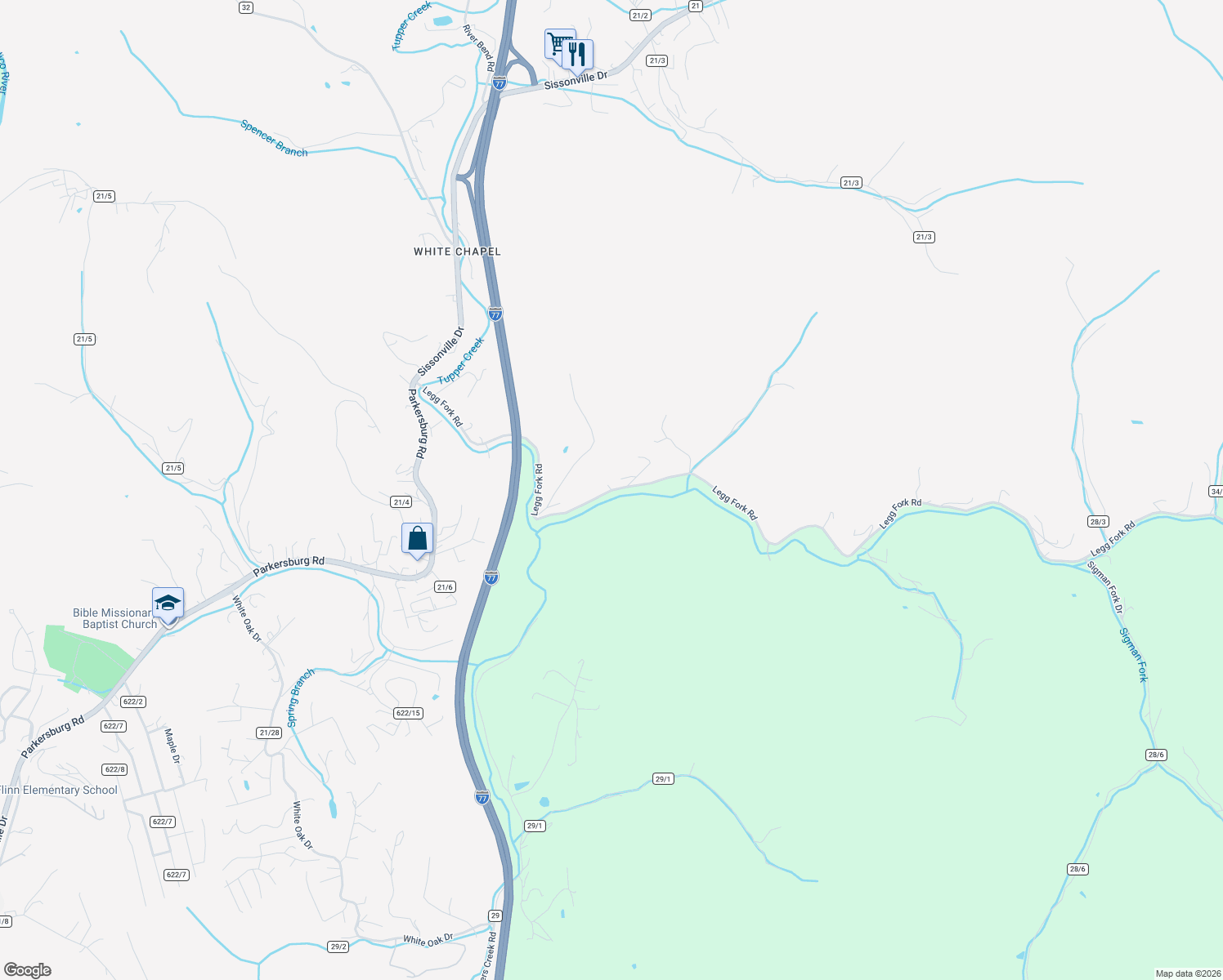map of restaurants, bars, coffee shops, grocery stores, and more near 1900 Legg Fork Road in Sissonville