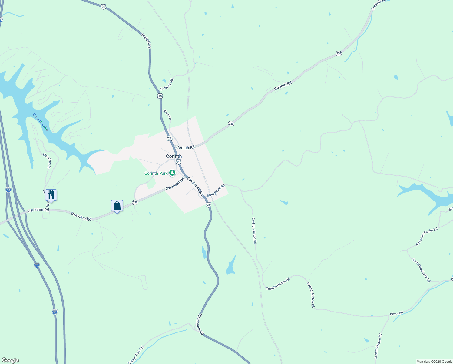 map of restaurants, bars, coffee shops, grocery stores, and more near 270 Stringtown Road in Corinth